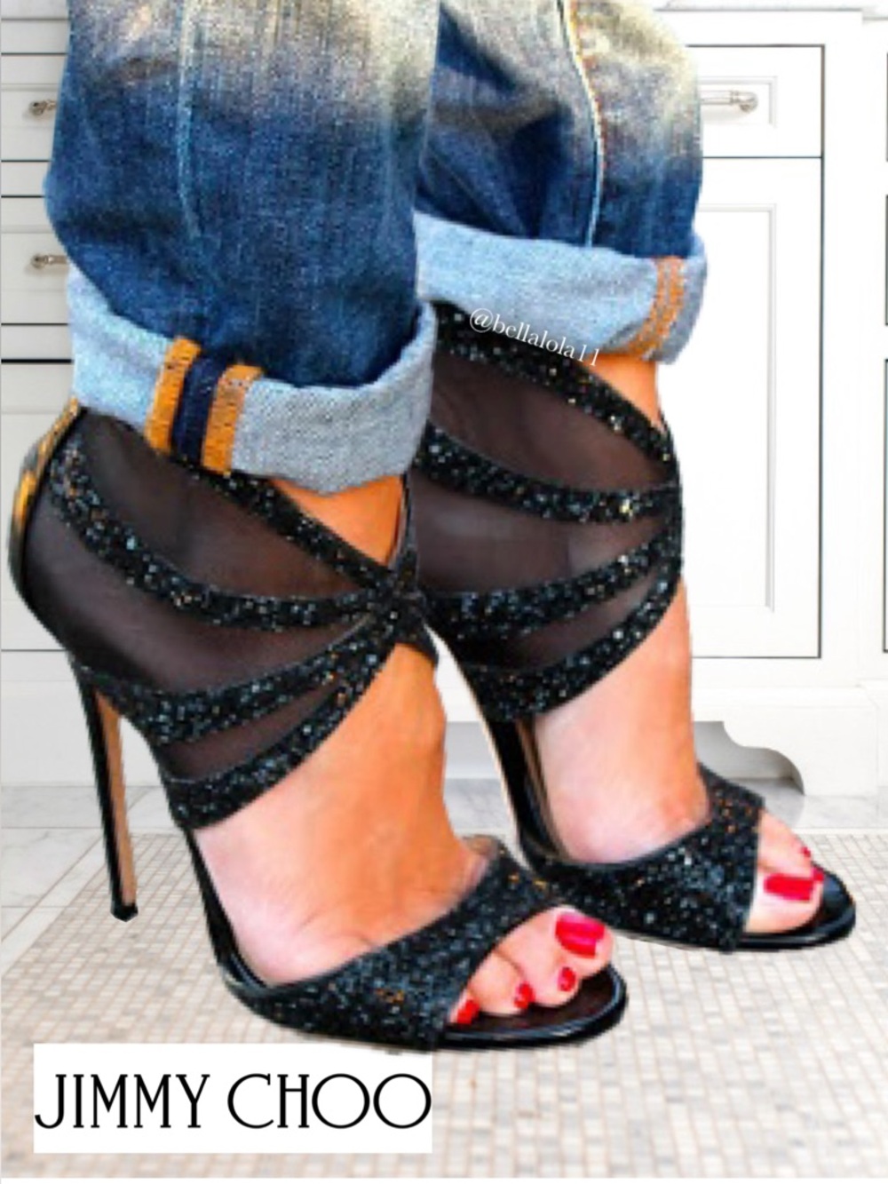 AUTHENTIC JIMMY CHOO BLACK GLITTER HEELS